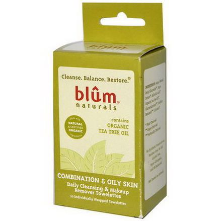 Blum Naturals, Daily Cleansing&Makeup Remover Towelettes, Combination&Oily Skin, Tea Tree, 10 Towelettes