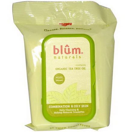 Blum Naturals, Daily Cleansing&Makeup Remover Towelettes, Combination&Oily Skin, Tea Tree, 30 Towelettes