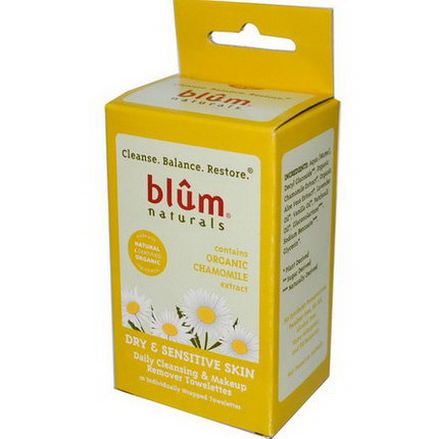 Blum Naturals, Daily Cleansing&Makeup Remover Towelettes, Dry&Sensitive Skin, Chamomile, 10 Towelettes