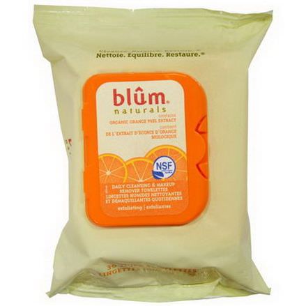 Blum Naturals, Daily Cleansing&Makeup Remover Towelettes, Exfoliating, Organic Orange Peel Extract, 30 Thick Towelettes