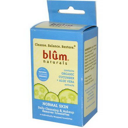 Blum Naturals, Daily Cleansing&Makeup Remover Towelettes, Normal Skin, Cucumber Aloe Vera, 10 Towelettes