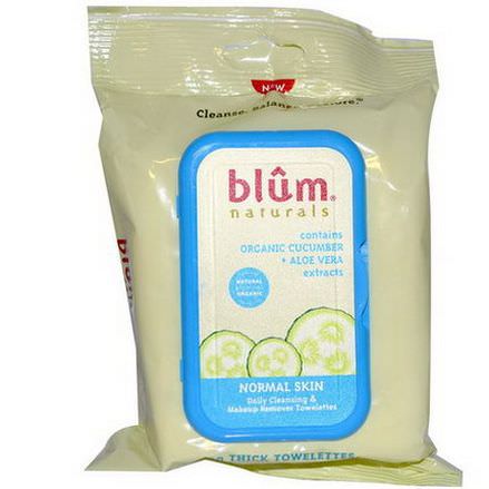 Blum Naturals, Daily Cleansing&Makeup Remover Towelettes, Normal Skin, Cucumber Aloe Vera, 30 Towelettes