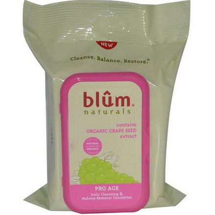 Blum Naturals, Daily Cleansing&Makeup Remover Towelettes, Pro-Age, 30 Thick Towelettes