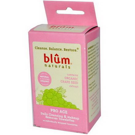 Blum Naturals, Daily Cleansing&Makeup Remover Towelettes, Pro Age, Grape Seed, 10 Towelettes