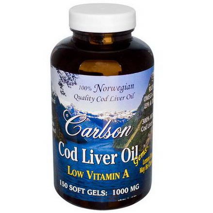 Carlson Labs, Cod Liver Oil Gems, Low Vitamin A, Lemon Flavor, 1000mg, 150 Soft Gels