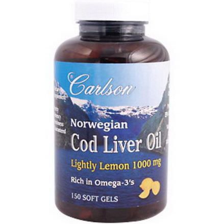 Carlson Labs, Norwegian Cod Liver Oil, Lightly Lemon, 1000mg, 150 Soft Gels