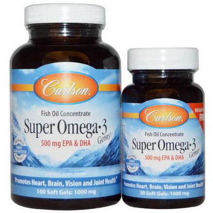 Carlson Labs, Super Omega-3 Gems, Fish Oil Concentrate, 1000mg, 100 Soft Gels Free 30 Soft Gels
