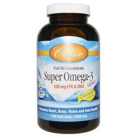 Carlson Labs, Super Omega 3 Gems, Fish Oil Concentrate, 1000mg, 180 Soft Gels