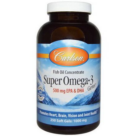 Carlson Labs, Super Omega-3 Gems, Fish Oil Concentrate, 1000mg, 250 Soft Gels
