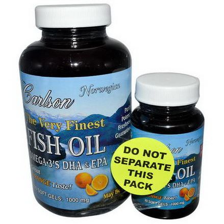 Carlson Labs, The Very Finest Fish Oil, Orange, 1000mg, 2 Bottles, 120+30 Softgels