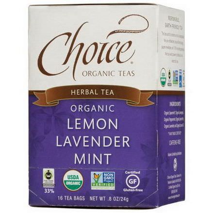 Choice Organic Teas, Herbal Tea, Organic, Lemon Lavender Mint, Caffeine-Free, 16 Tea Bags 24g