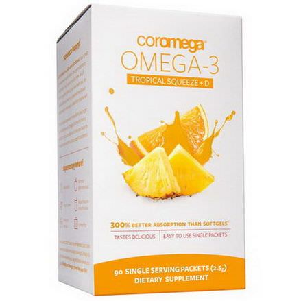Coromega, Omega-3 Tropical Squeeze D, 650mg, 90 Single Serving Packets 2.5g Each