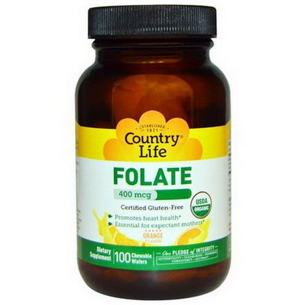 Country Life, Folate, Orange Flavor, 400mcg, 100 Chewable Wafers
