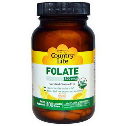 Country Life, Folate, Orange Flavor, 800mcg, 100 Chewable Wafers