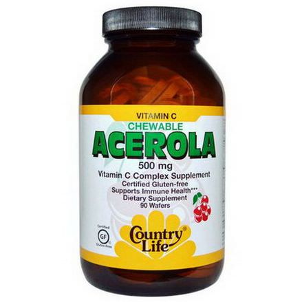 Country Life, Acerola, Vitamin C Chewable, Cherry, 500mg, 90 Wafers