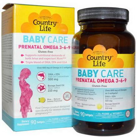 Country Life, Baby Care, Prenatal Omega 3-6-9, Lemon, 90 Softgels