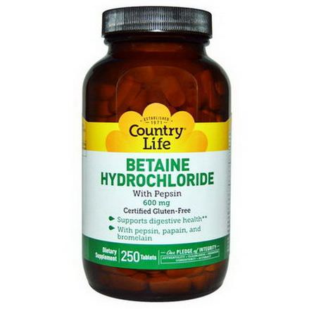 Country Life, Betaine Hydrochloride, with Pepsin, 600mg, 250 Tablets