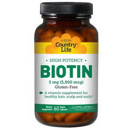 Country Life, Biotin, High Potency, 5mg, 60 Veggie Caps