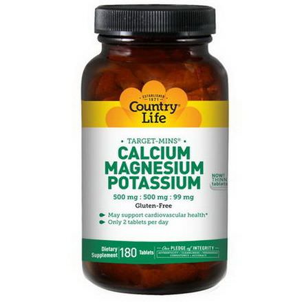 Country Life, Calcium, Magnesium, and Potassium, 500mg : 500mg : 99mg, 180 Tablets