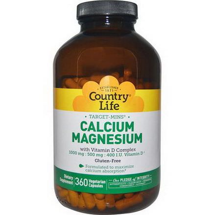 Country Life, Calcium Magnesium, with Vitamin D Complex, Gluten Free, 360 Veggie Caps