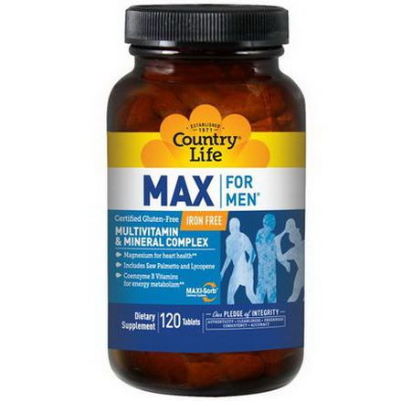 Country Life, Max for Men, Multivitamin&Mineral Complex, Iron-Free, 120 Tablets