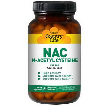 Country Life, NAC, N-Acetyl Cysteine, 750mg, 60 Veggie Caps