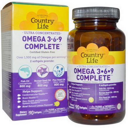 Country Life, Omega 3-6-9, Ultra Concentrated, Lemon, 90 Softgels