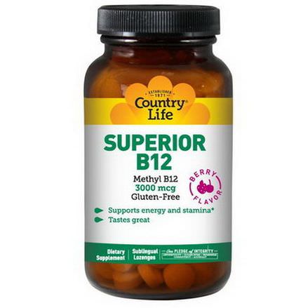 Country Life, Superior B12, Berry Flavor, 3000mcg, 50 Sublingual Lozenges