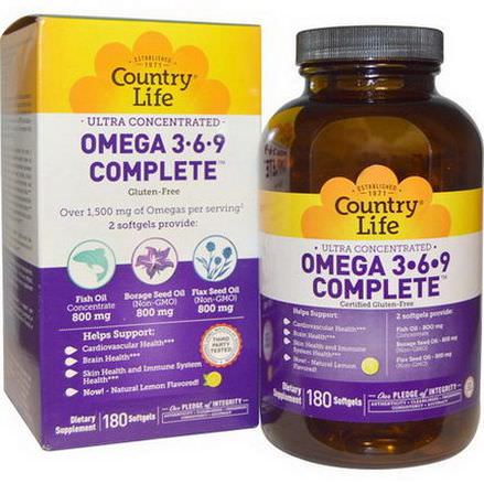 Country Life, Ultra Concentrated Omega 3 6 9 Complete, Lemon Flavor, 180 Softgels