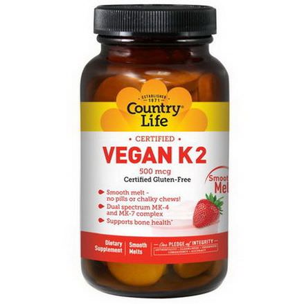 Country Life, Vegan K2, Strawberry, 500mcg, 60 Smooth Melts