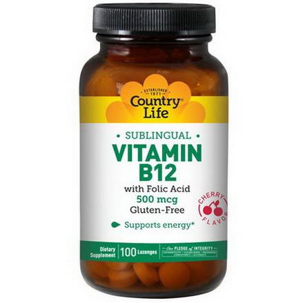 Country Life, Vitamin B12, Sublingual, Cherry Flavor, 500mcg, 100 Lozenges