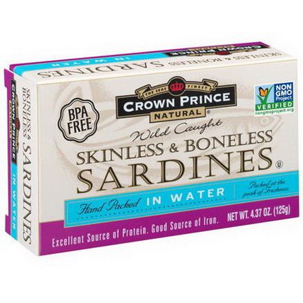 Crown Prince Natural, Skinless&Boneless Sardines, Hand Packed in Water 125g