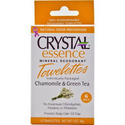 Crystal Body Deodorant, Essence Mineral Deodorant Towelettes, Chamomile&Green Tea, 6 Towelettes 4g Each