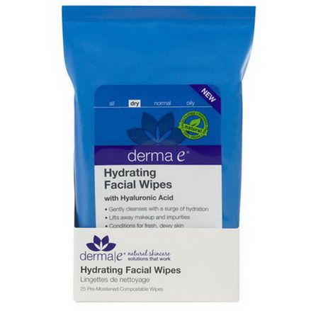 Derma E, Hydrating Facial Wipes, 25 Pre-Moistened Compostable Wipes 15.3 x 19.7 cm