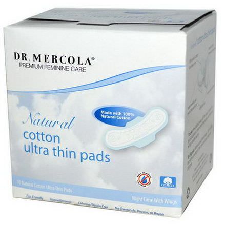 Dr. Mercola, Premium Feminine Care, Natural Cotton Ultra Thin Pads, Night Time with Wings, 10 Ultra Thin Pads