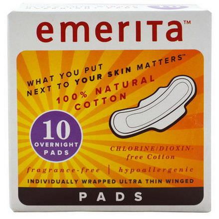 Emerita, 100% Natural Cotton Overnight Pads, 10 Pads