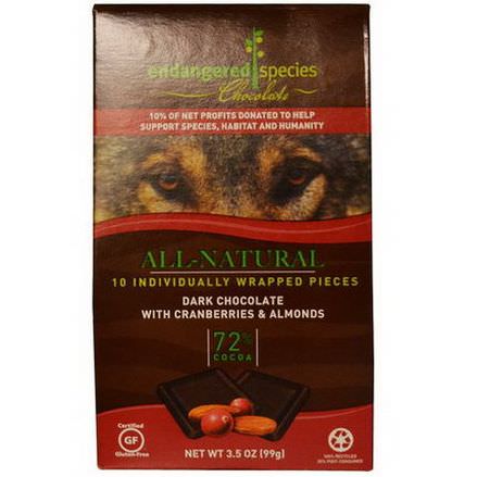 Endangered Species Chocolate, All-Natural Dark Chocolate with Cranberries&Almonds, 10 Pieces, 10g Each