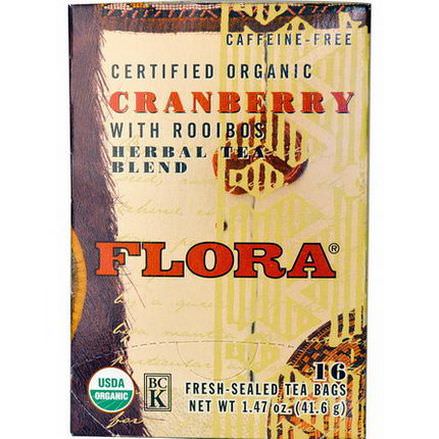 Flora, Certified Organic Herbal Tea Blend, Cranberry with Rooibos, Caffeine Free, 16 Tea Bags 41.6g