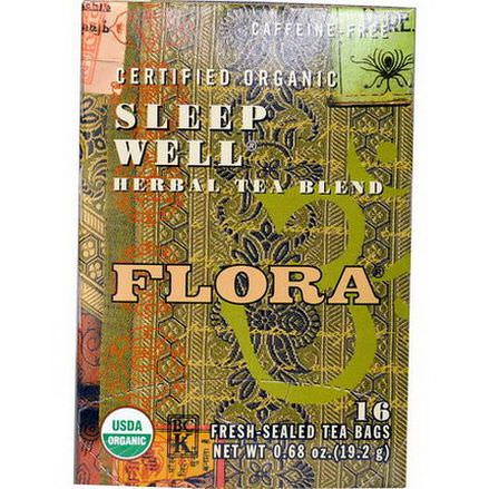 Flora, Certified Organic Sleep Well Herbal Tea Blend, Caffeine-Free, 16 Tea-Bags 19.2g