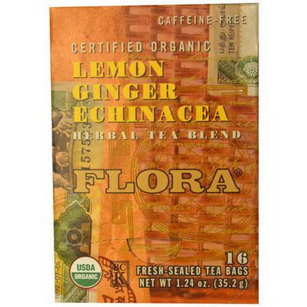 Flora, Herbal Tea Blend, Certified Organic Lemon Ginger Echinacea, Caffeine Free, 16 Tea Bags 35.2g
