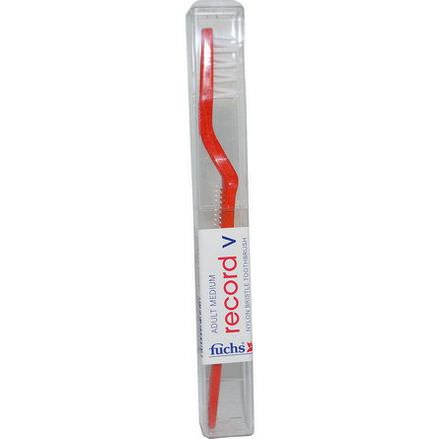 Fuchs Brushes, Record V, Nylon Bristle Toothbrush, Adult Soft, Red, 1 Toothbrush
