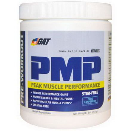 GAT, PMP, Pre-Workout, Peak Muscle Performance, Blue Raspberry 255g