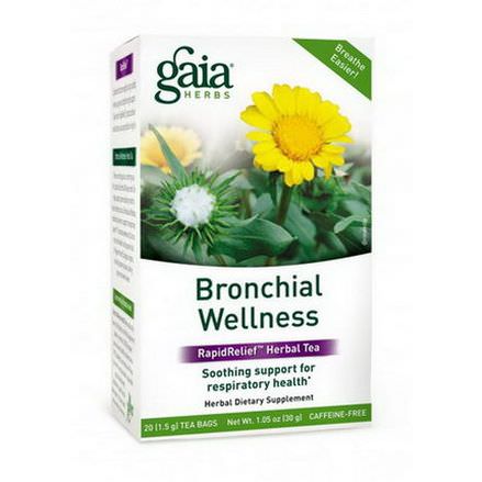 Gaia Herbs, Bronchial Wellness, RapidRelief Herbal Tea, Caffeine-Free, 20 Tea Bags 30g