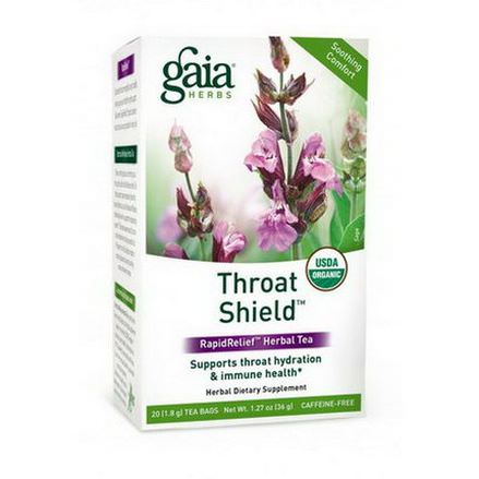 Gaia Herbs, Throat Shield, RapidRelief Herbal Tea, Caffeine Free, 20 Tea Bags 40g