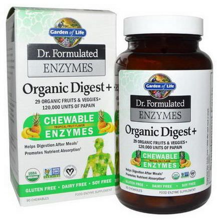 Garden of Life, Dr. Formulated Enzymes, Organic Digest +, Tropical Fruit Flavor, 90 Chewables