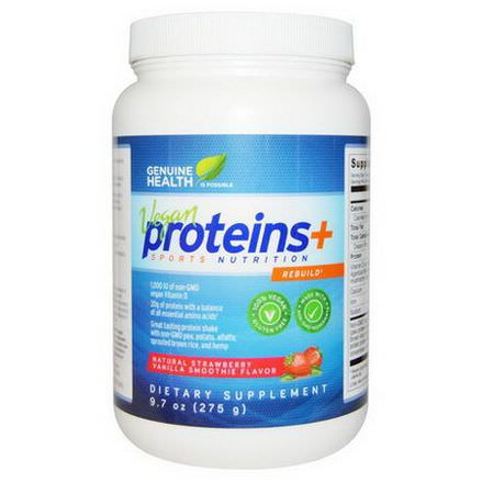 Genuine Health Corporation, Vegan Proteins+, Natural Strawberry Vanilla Smoothie Flavor 275g