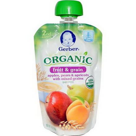 Gerber, 2nd Foods, Organic, Baby Food, Fruit&Grain, Apples, Pears&Apricots with Mixed Grains 99g