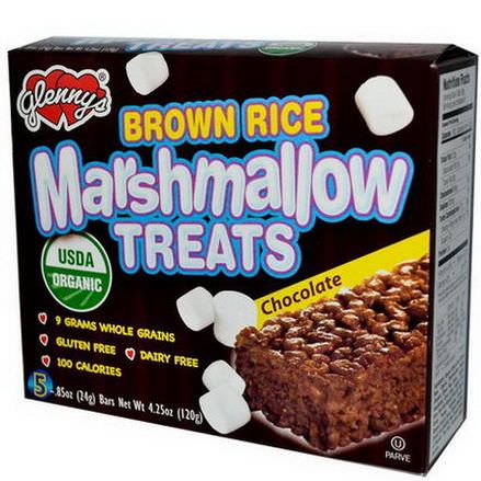 Glenny's, Organic Brown Rice Marshmallow Treats, Chocolate, 5 Bars 24g Each 
