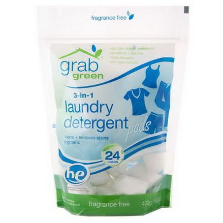 GrabGreen, 3-in-1 Laundry Detergent, Fragrance Free 432g