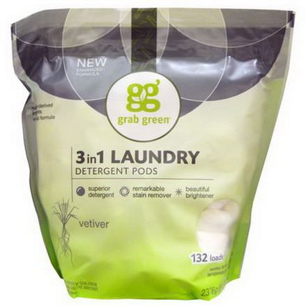 GrabGreen, 3 in 1 Laundry Detergent Pods, Vetiver, 132 Loads 2376g